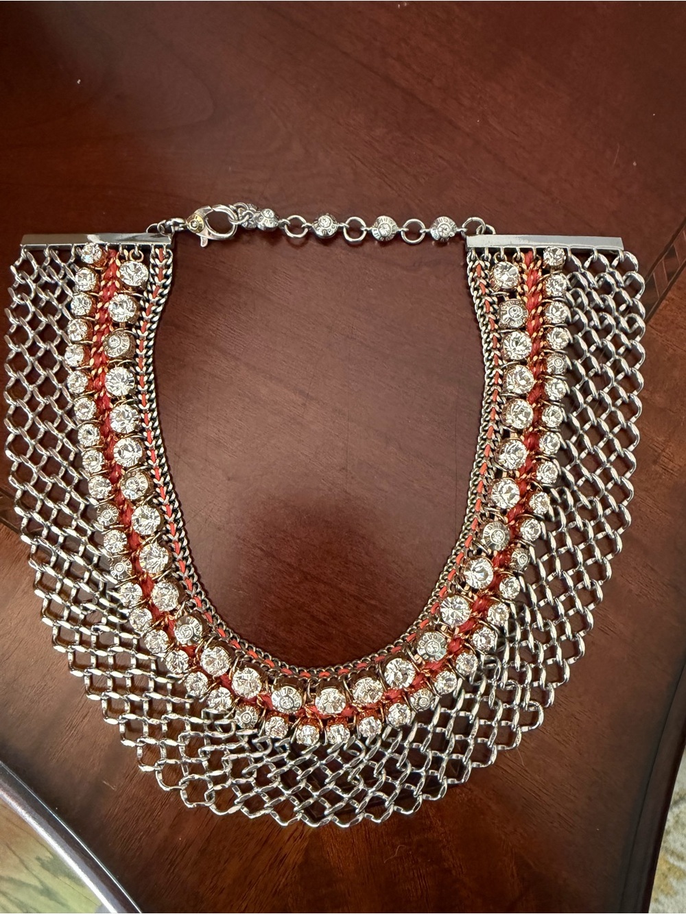 Henri Bendel Athena Bib Statement Necklace in Silver Mesh Links & Crystals EUC